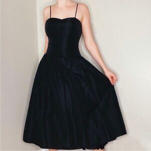 Vintage 80s / 90s Black Retro A-Line Brushed Satin Cocktail Dress Wedding Guest